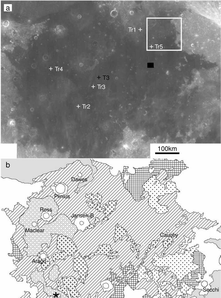 1468 S. Kodama and Y. Yamaguchi Fig. 4. a) Clementine 750 nm mosaic image of Mare Tranquillitatis. The area outlined in white is the location of the images in Fig. 5.