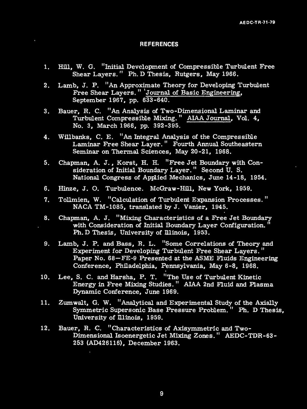 4. Willbanks, C. E. "An Integral Analysis f the Cmpressible Laminar Free Shear Layer. " Furth Annual Sutheastern Seminar n Thermal Sciences, May 20-21, 1968. 5. Chapman, A. J., Krst, H.