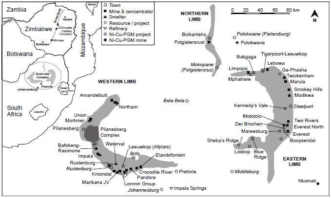 Chapter 1 General Introduction, Background and Objectives Figure 1.1: Map of the PGM mining and refining activity in the Bushveld complex of the North-West province, South Africa.