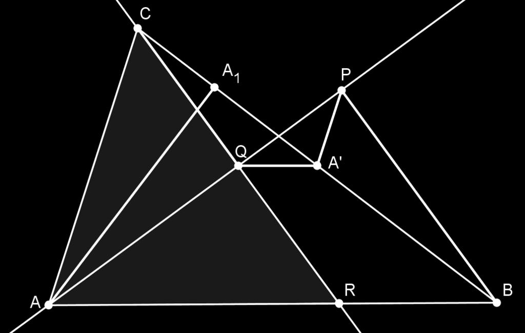 Dakle, prema teoremu K-S-K o sukladnosti trokuta promatrana dva trokuta su sukladni, ali su im odgovarajući kutovi suprotnih orijentacija. Iz toga slijedi da je točka Q polovište dužine CR.