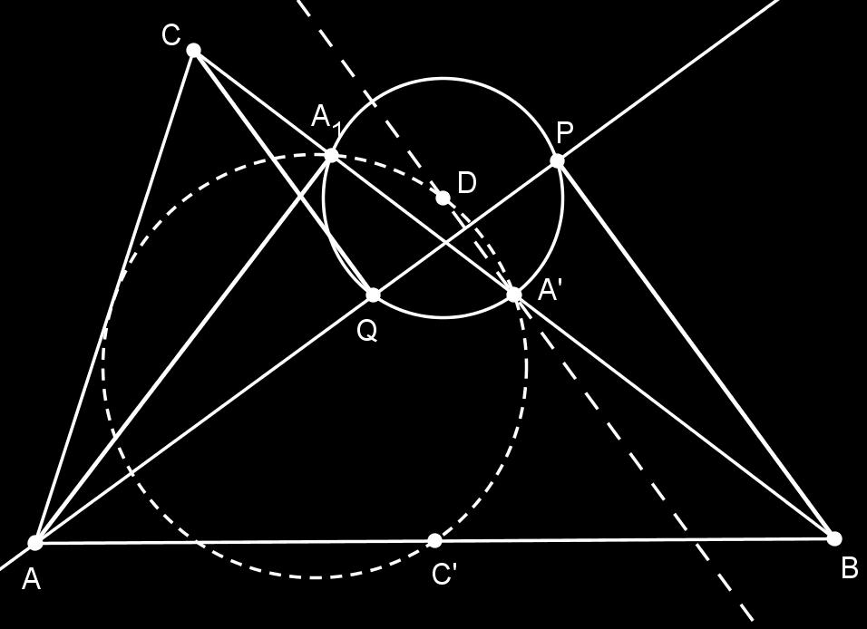 Prema tome, pravac A D okomit je na pravac PQ odnosno na simetralu kuta CAB. Vrijedi: (A D, PQ) = 90. Pokažimo da točka D leži na Feuerbachovoj kružnici trokuta ABC.