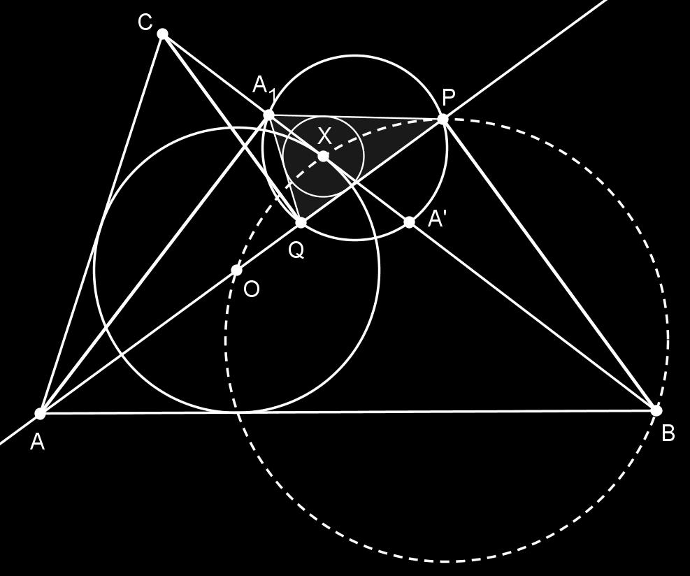 POGLAVLJE 2. TEOREM O FEUERBACHOVOJ TOČKI 18 Slika 2.6: Teorem 2.7 Točka O nalazi se na pravcu PQ. Pravac BC je tangenta upisane kružnice trokuta ABC pa je pravac OX okomit na pravac BC.