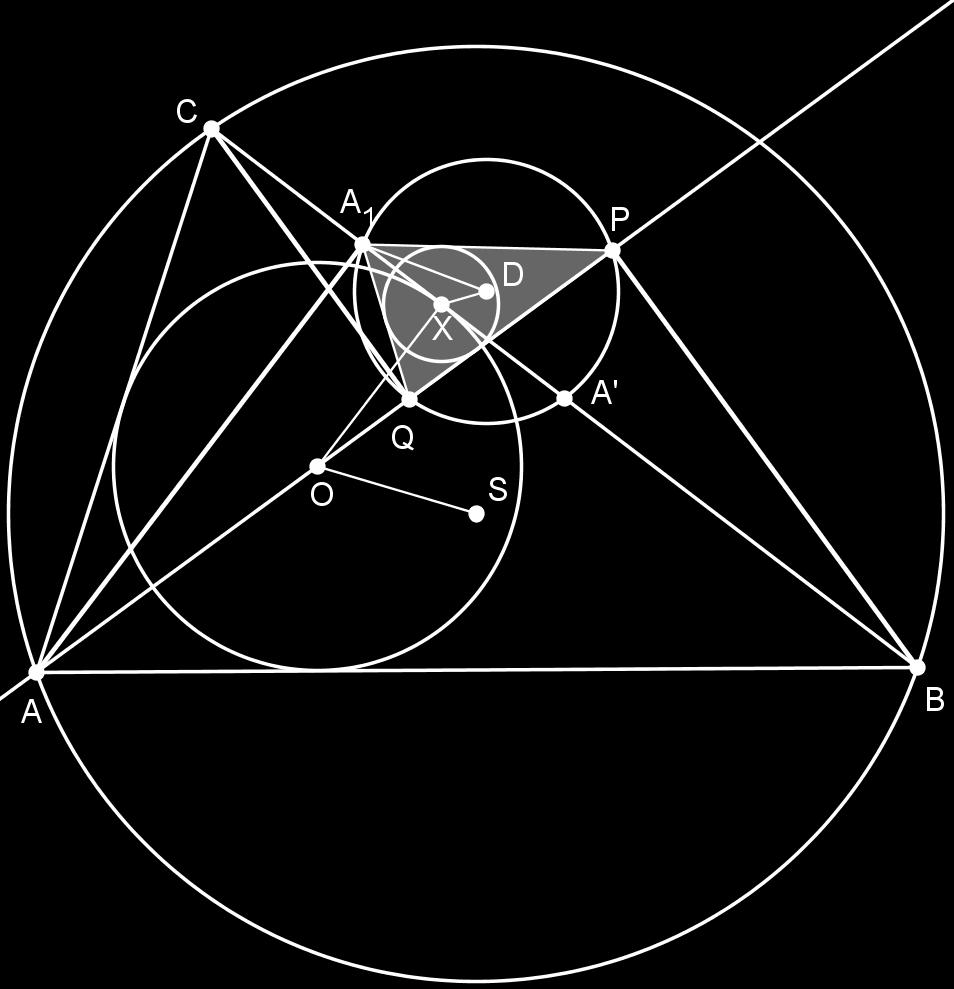 Označimo sa S središte opisane kružnice, a s O središte upisane kružnice trokuta ABC. Vrijedi (XD, AO) = (BC, OS ). Dokaz.