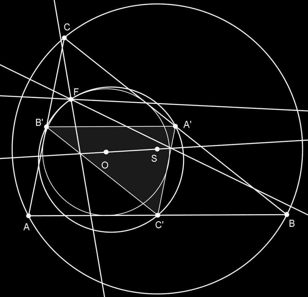 U nastavku promatramo odnos trokuta XYZ i Feuerbachove točke trokuta ABC. Teorem 3.4. Neka je ABC trokut, S središte opisane kružnice, a O središte upisane kružnice tog trokuta.