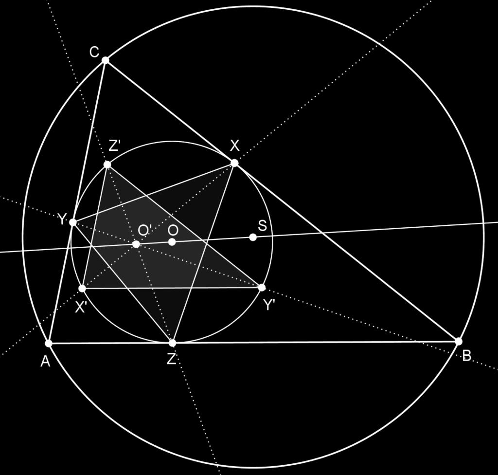 POGLAVLJE 3. SVOJSTVA FEUERBACHOVE TOČKE 33 pravcu OS. Neka su točke X, Y i Z točke presjeka upisane kružnice trokuta ABC i pravaca na kojima leže visine trokuta XYZ povučene iz X, Y i Z redom.