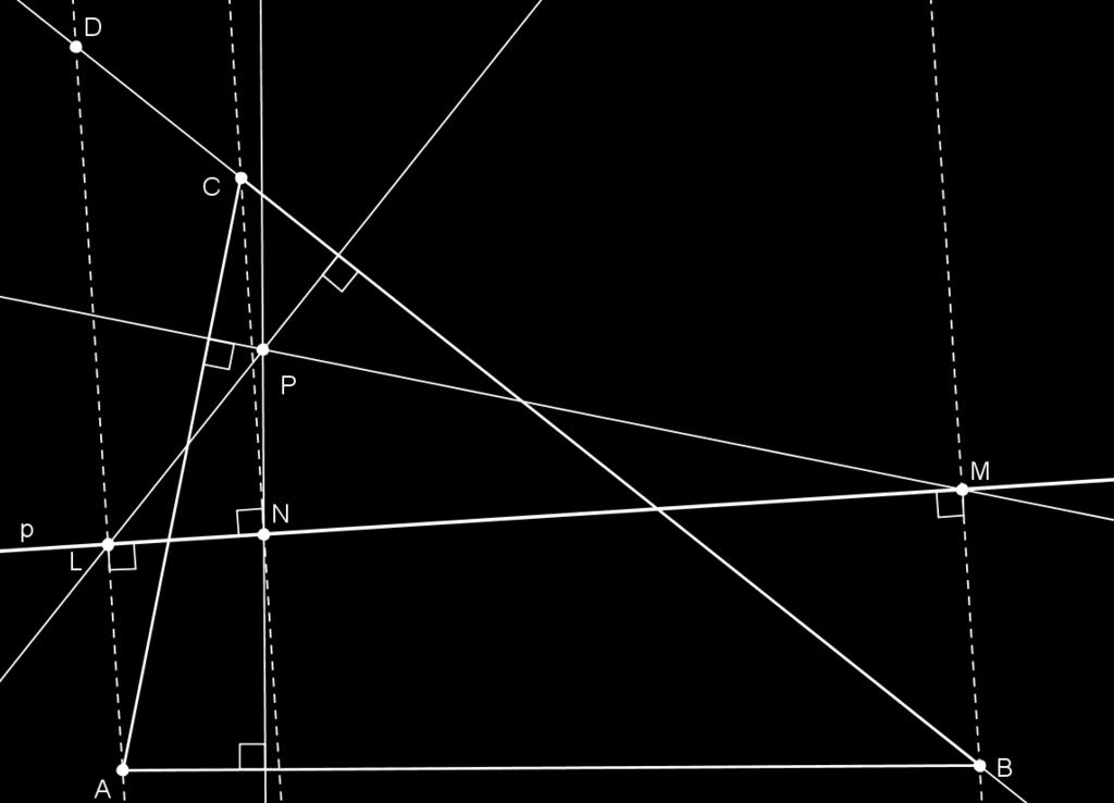 Slika 3.8: Točka P je ortopol pravca p s obzirom na trokut ABC. Uočimo da su stranice trokuta ACD i MPL u parovima okomite: AC PM, AD LM i CD PL.
