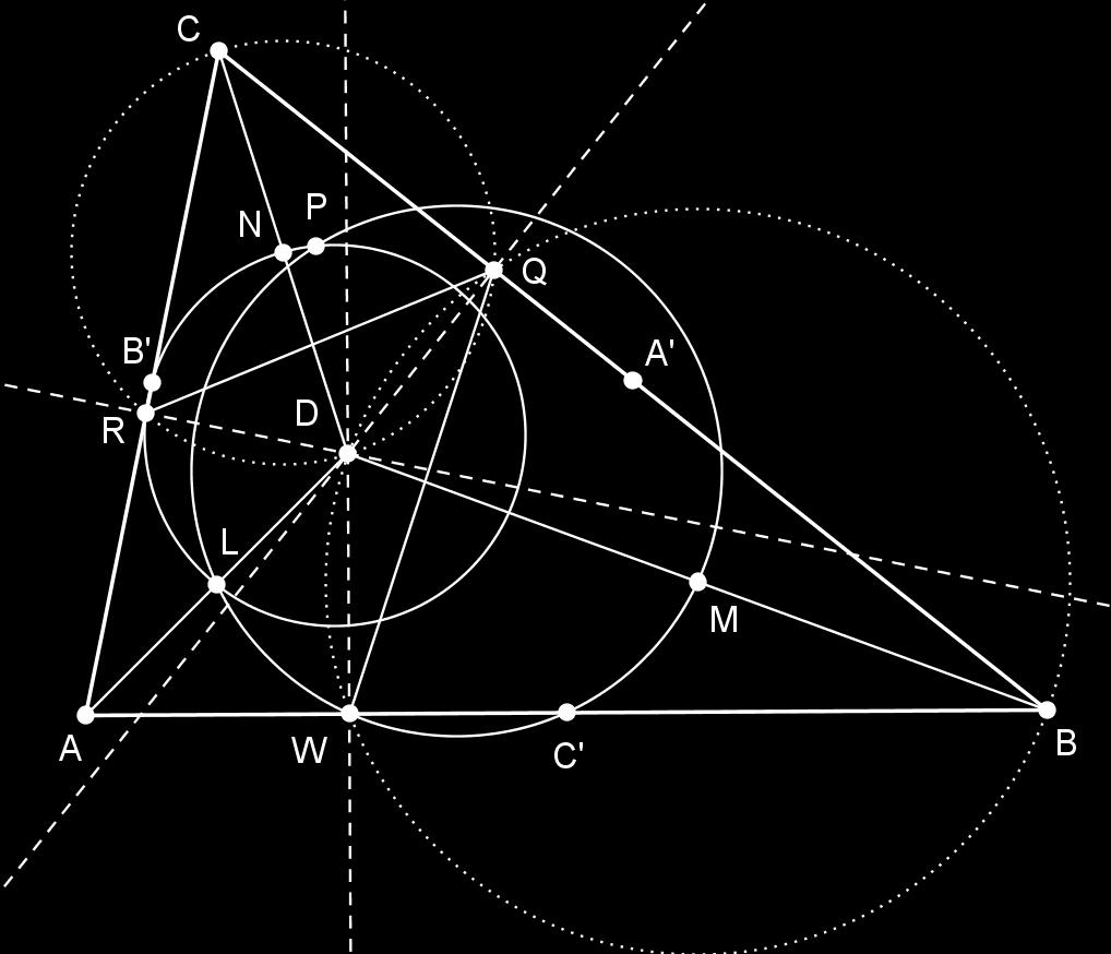 POGLAVLJE 3. SVOJSTVA FEUERBACHOVE TOČKE 44 Slika 3.12: Teorem 3.10 Feuerbachova kružnica trokuta ABD prolazi kroz točke M, L i W, dok Feuerbachova kružnica trokuta ACD prolazi kroz točke R, B i L.