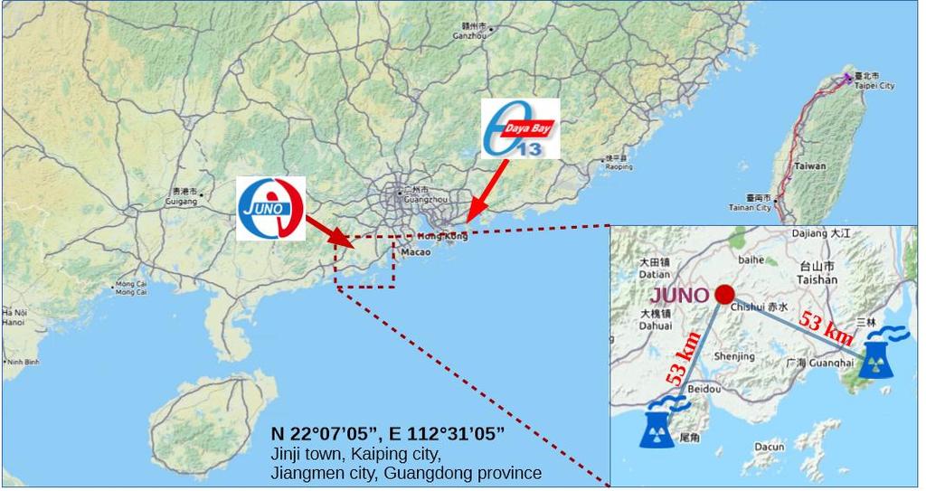 The Jiangmen Underground Neutrino Observatory (JUNO) Detector location Primary physics goal is for the neutrino mass hierarchy determination.