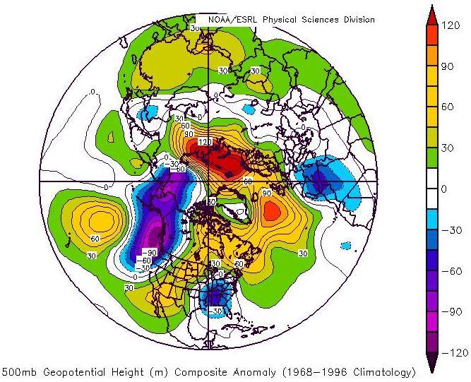 Fig. 6. 500-hPa Composite Anomaly of all strong Pacific fronts on Day 4.