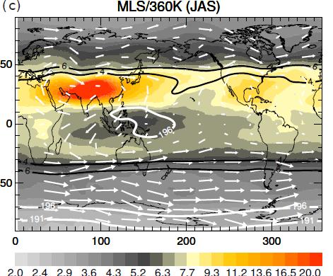 MLS water vapour climatology at 360K ~ 14 km Plöger et al.