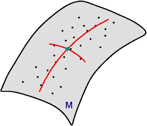(a) PCA (b) PGA Figure 6: Comparison of PCA in linear spaces and PGA in curved spaces. Each small dot represents a sample point. The big dot indicates the Fréchet mean.