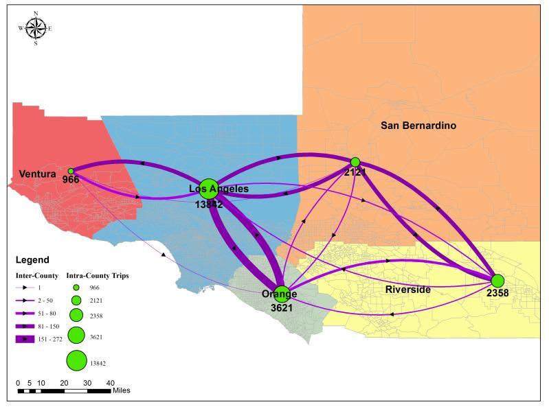 matching with the ACS data, which demonstrates that Orange-Los Angeles has the largest inter-county mobility flows, San Bernardino-Los Angeles and Ventura-Los Angeles ranks the second and the third.