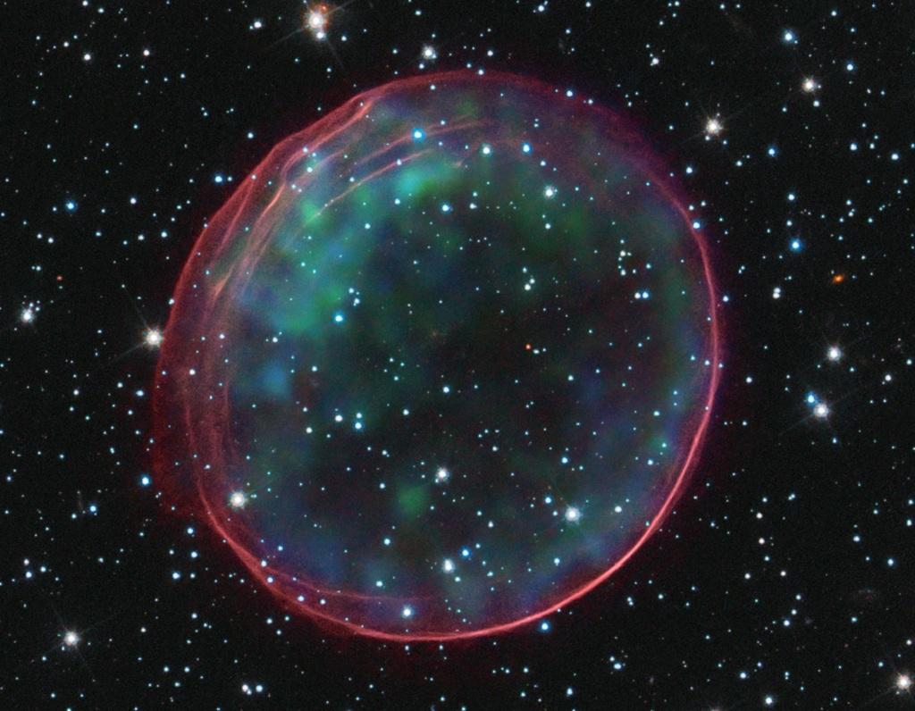 Figure 2.6: The SNR 0509-67.5 supernova remnant in the Large Magellanic Cloud. Its diameter is about 7 parsecs, and it is expanding at about 5000 km/s. The explosion was seen ca.