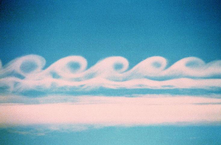 Figure 2.11: Left: Kelvin-Helmholtz instability in clouds due to two layers of air moving at relative velocities at the cloud layer [Image credit: internet, unknown].