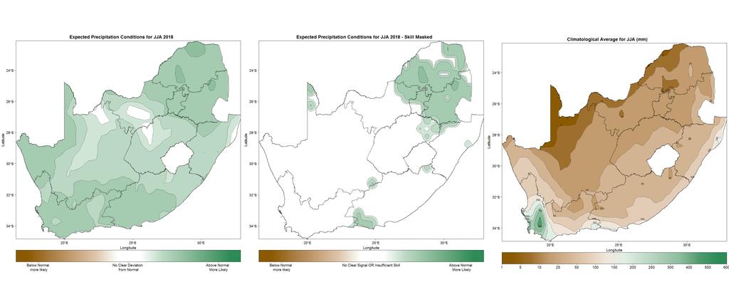 Figure 6: June-July-August (JJA) 2018 seasonal precipitation prediction without skill taken into account (left), as well as