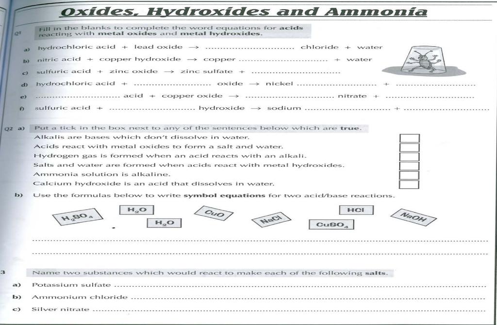 Homework 2: Oxides, Hydroxides and Ammonia Use these general word equations to help you: Acid + metal oxide salt + water Acid +,metal hydroxide