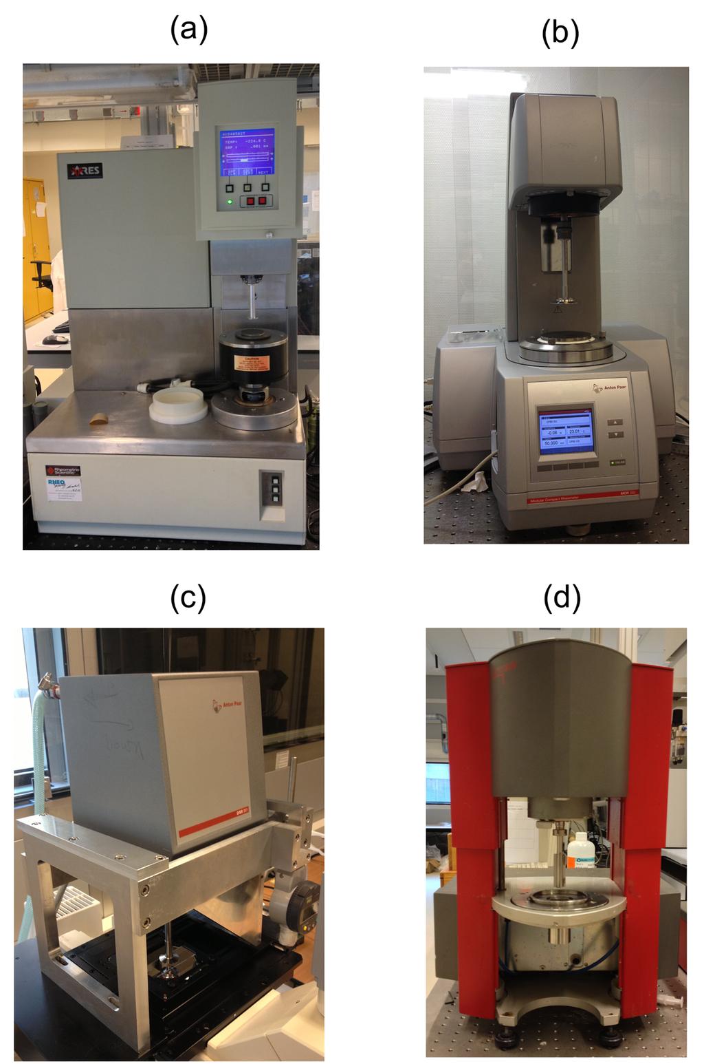 Chapter 2 Figure 2.5: Rheometers used in this thesis: Rheometrics ARES (a), Anton Paar MCR 300/301 (b), Anton Paar DSR 301 coupled to a confocal microscope (c), and Stresstech (d).