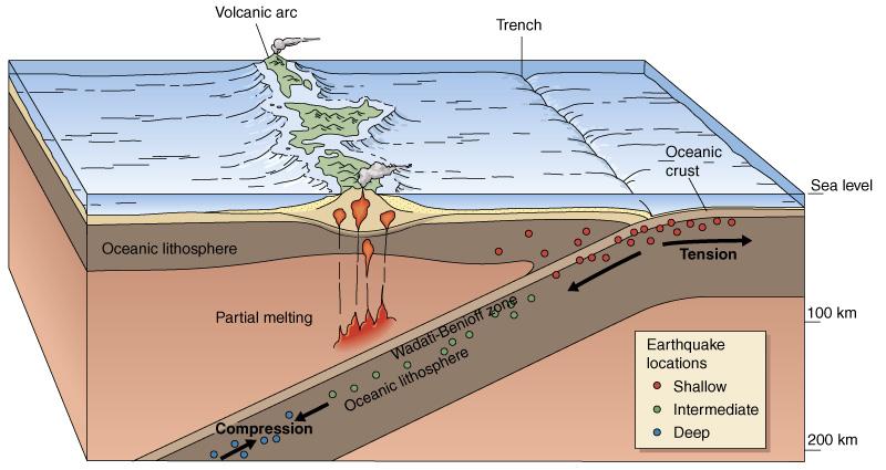 sinks into asthenosphere = consumed Melting of the asthenosphere above the subducting