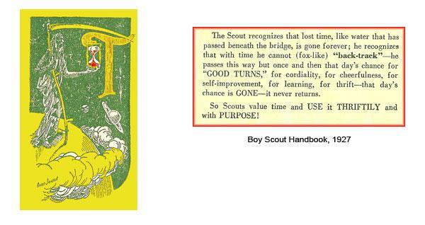 Timely Advice As the seasons roll past, do you think about how you use the gift of time? Authors of the 1927 Boy Scout Handbook considered time management part of being thrifty.