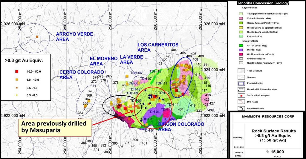 2013-2014 Tenoriba Exploration Mineralization is seen to be concentrated in 3 principal areas: 1.