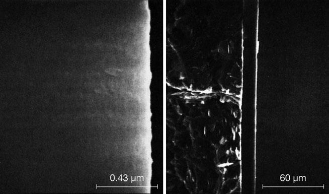 10 2 Transport Mechanism of Carbon Membranes Fig. 2.4 SEM cross-sectional images of ( right) CMS layer formed on the surface of graphite substrate, and ( left) CMS layer and its surface.