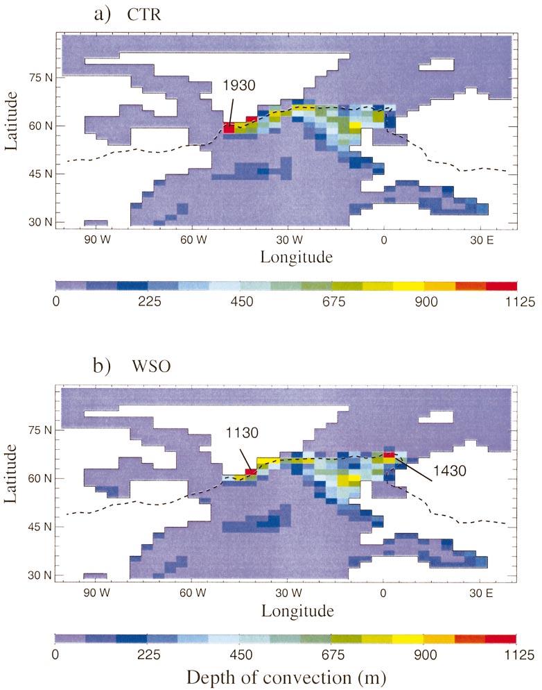 DECEMBER 2002 SAENKO ET AL. 3389 FIG. 17. Maximum depth of convective ventilation and the sea ice edge (dashed line) in the North Atlantic in the (a) CTR and (b) WSO runs.