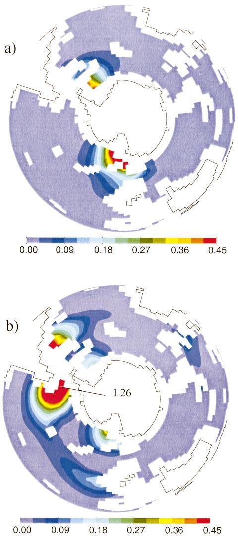 3380 JOURNAL OF PHYSICAL OCEANOGRAPHY VOLUME 32 FIG. 6. Concentration of CFC in the Southern Ocean at depth 2872 m for year 1990 simulated by the (a) CTR model and (b) WSO model.