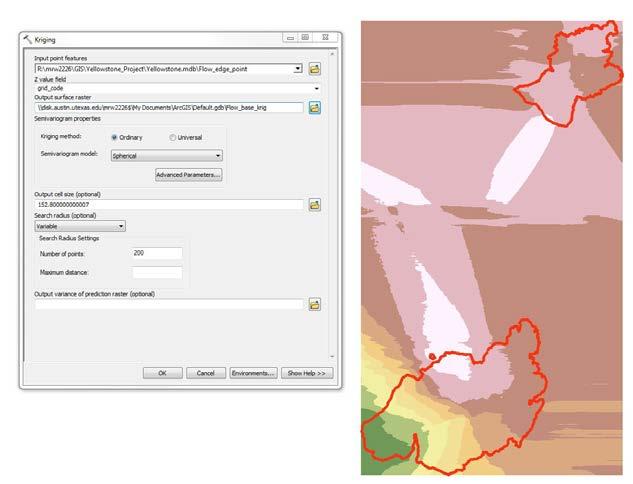 results. Figure 7: Left: Kriging tool. Note the Z-field value and # of points within search radius. Right: Resulting raster produced by kriging. White is the highest elevations, green is the lowest.