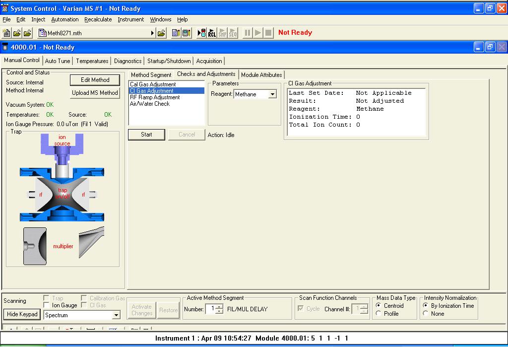 Sample Analysis 1 Setting Up CI Reagents Before running CI experiments, adjust the CI gas pressure. 1 Click the Checks and Adjustments tab on the Manual Control tab. 2 Select CI Gas Adjustment.