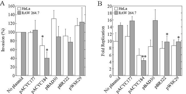 VOL. 73, 2005 NOTES 7029 FIG. 1. Effect of plasmids on SPI1-mediated invasion and subsequent replication in epithelial-cell- and macrophage-like cell lines. HeLa cells (white bars) or RAW 264.