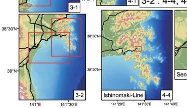 5, from the north, Yamada-Line, Ofunato-Line, Kesennuma-Line, Ishinomaki-Line, and Senseki-Line), analysis was performed using two patterns to represent shore structures functioning and failing