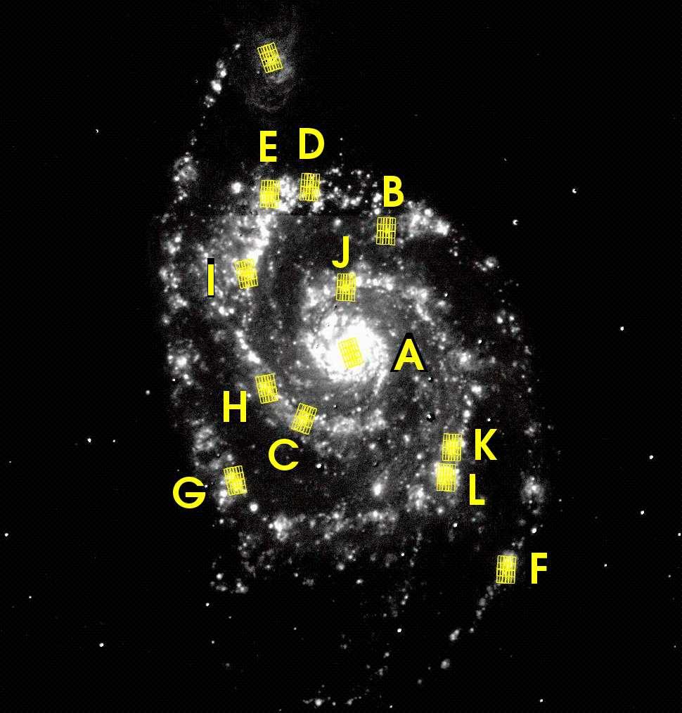 Figure 4.1 SINGS Hα continuum subtracted image of M51 with overlays of the SH IRS maps.