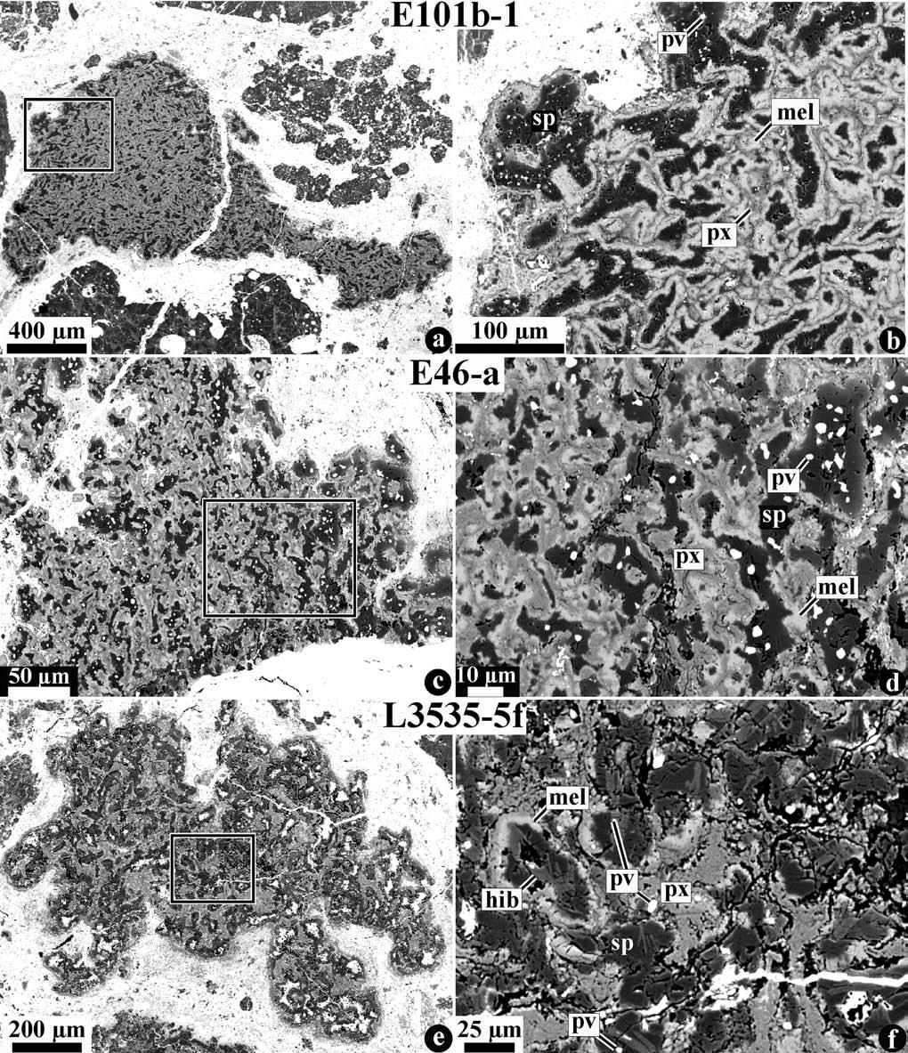 1520 A. N. Krot et al. Fig. 1. BSE images of the mineralogically unzoned, fine-grained, spinel-rich inclusions E101b-1 (a, b) and E46-a (c, d) from Efremovka and L3535-5f (e, f) from Leoville.