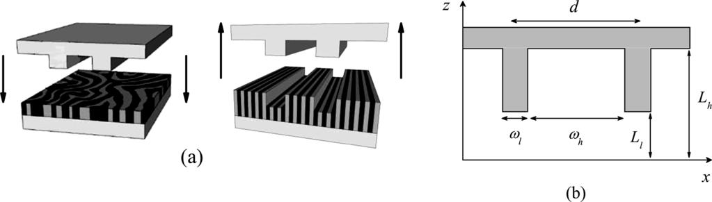 Figure. NIL setup. (a) A grooved top mold is pressed upon a BCP film oriented perpendicularly to a bottom substrate. The lamellae follow the direction of the mold grooves.