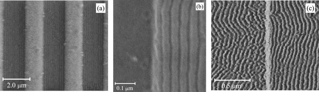 Macromolecules Figure 2. (a) Top view of a SEM image of the BCP ﬁlm after nanoimprinting with a NIL mold with ωl = ωh =.5 μm. The groove height is Lh - Ll = 50 nm.