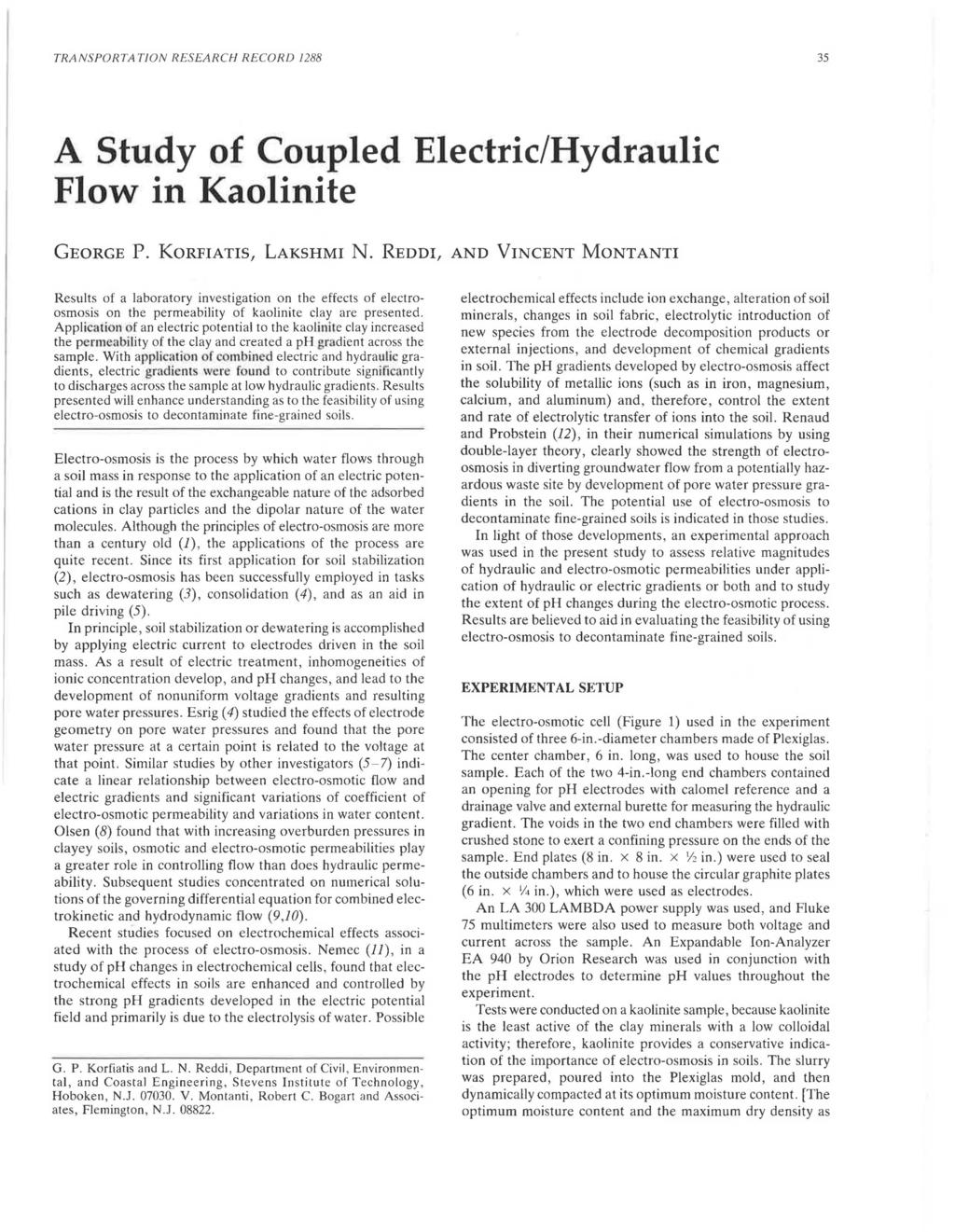 TRNSPORT TJ ON RESERCH RECORD 1288 35 Study of Coupled Electric/Hydraulic Flow in Kaolinite GEORGE P. KoRFITIS, LKSHMI N.