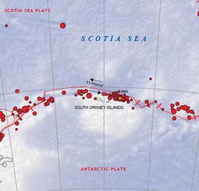 The recent earthquakes occurred on or near the South Scotia Ridge, a left lateral transform boundary between the Scotia and Antarctica Plates that is sliding at a rate of ~11 mm/yr.