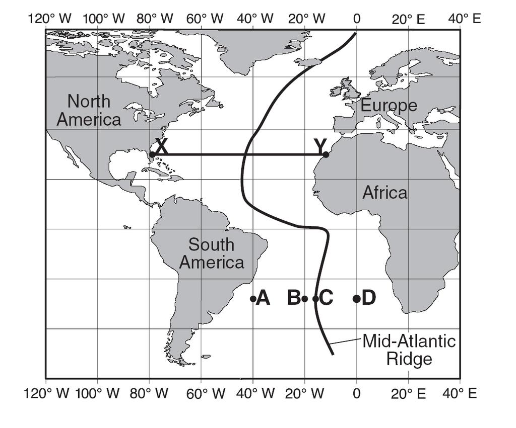 8. Base your answer to the following question on the map of the Mid-Atlantic Ridge shown below. Points A through D are locations on the ocean floor.