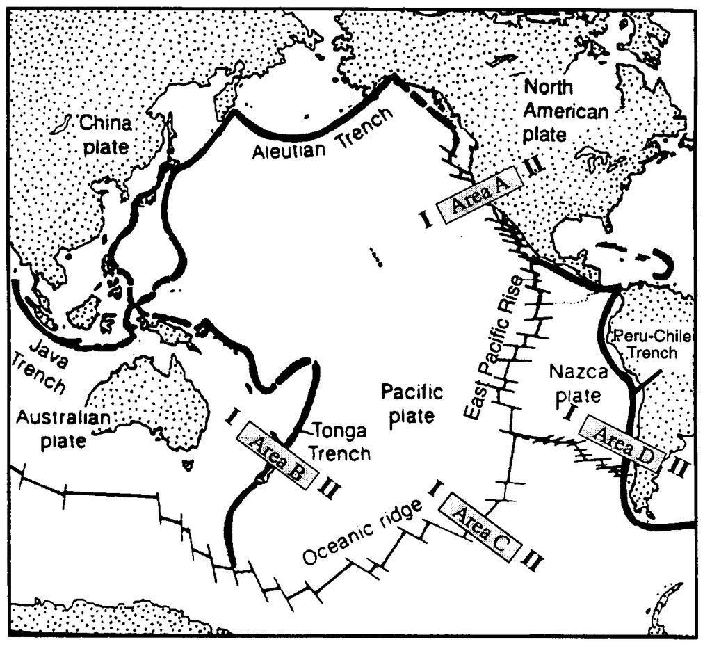 21. Base your answer to the following question on the map below which shows mid-ocean ridges and trenches in the Pacific Ocean. Specific areas A, B. C, and D are indicated by shaded rectangles.