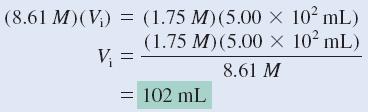 EXAMPLE Describe how you would prepare 5.00 x 10 2 ml of a 1.75 M H 2 SO 4 solution, starting with an 8.61 M stock solution of H 2 SO 4. Thus, we must dilute 102 ml of the 8.