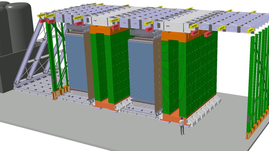 Figure 1: Schematic view of the OPERA detector. The neutrino beam enters the detector from the left. 2.