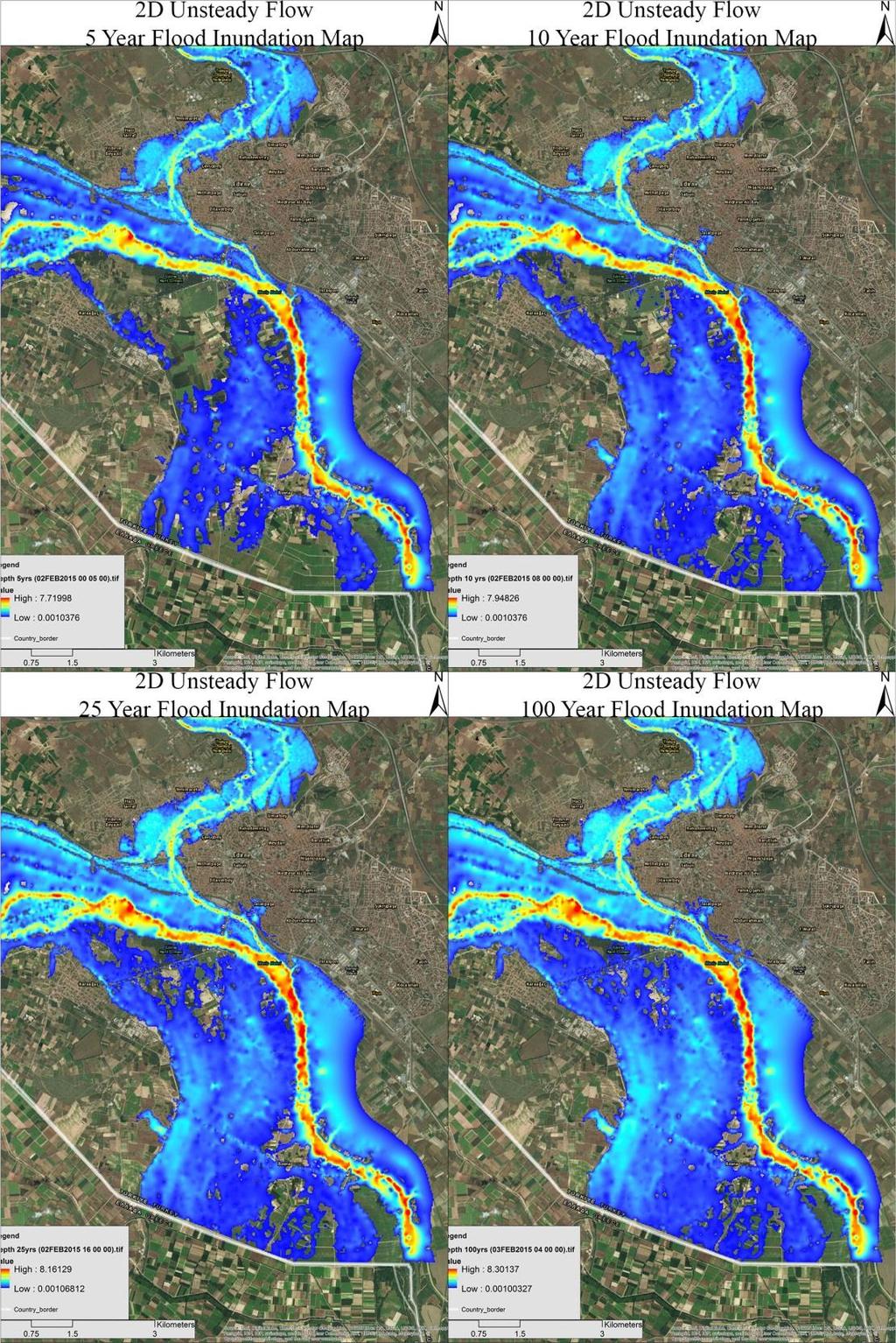 Figure 2D Unsteady Flow Inundation Maps of Floods with Different Return Periods (Without Levees).