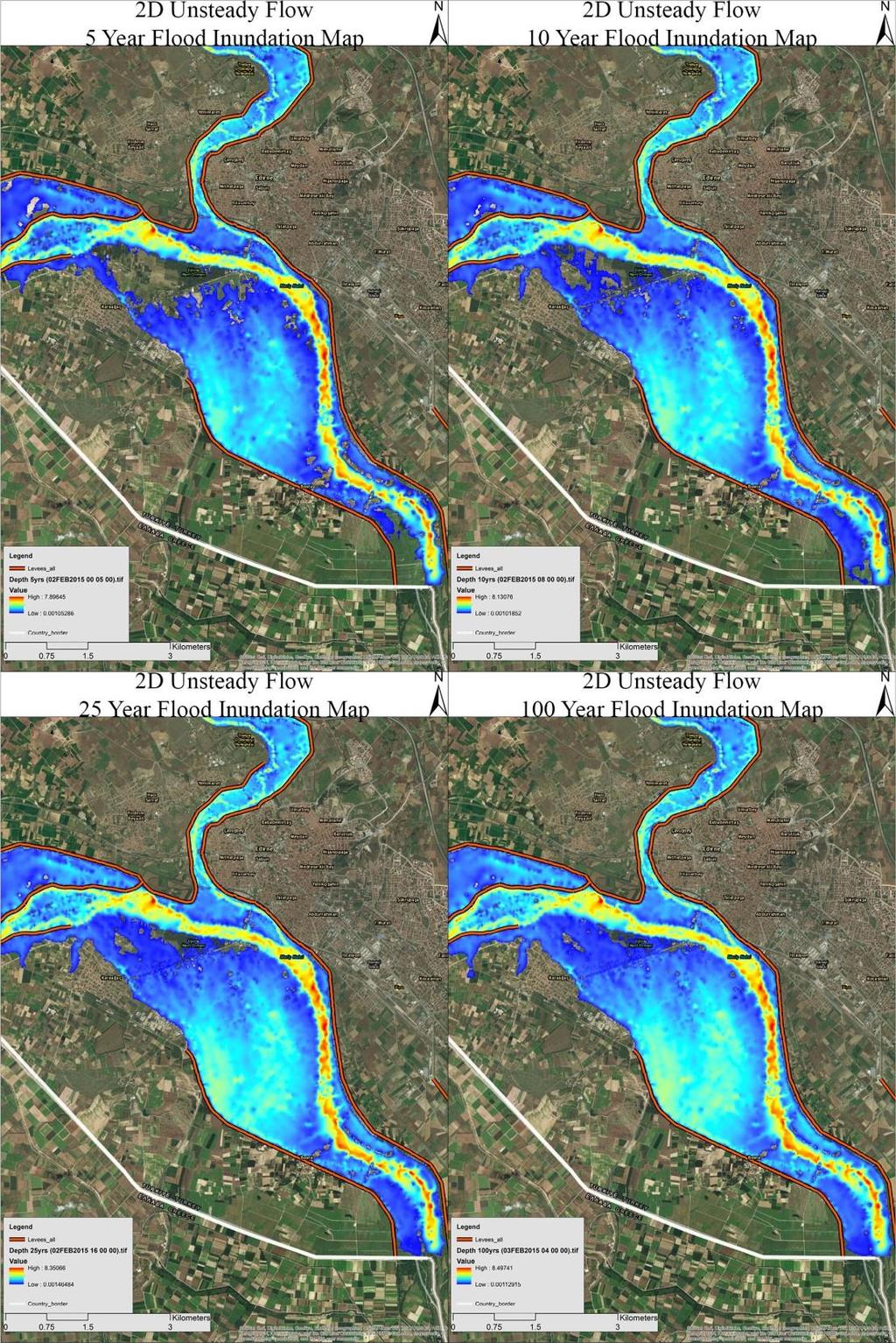 Figure 2D Unsteady Flow Inundation Maps of Floods with Different Return Periods (With Levees).