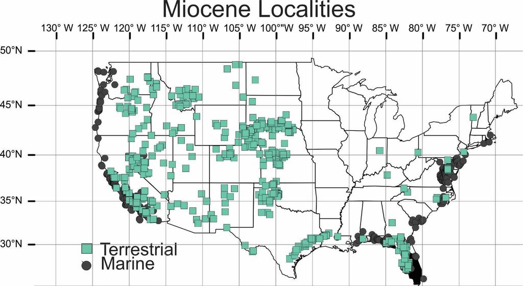 65 66 67 Figure DR1. Map of marine and terrestrial Miocene fossil localities from the lower 48 states.