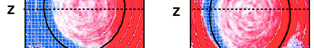 Red covered region corresponds to the co-flow to the plasma current (anti-clockwise) and blue meshed region corresponds to the counter-flow (clockwise). The ion B drift is downward.
