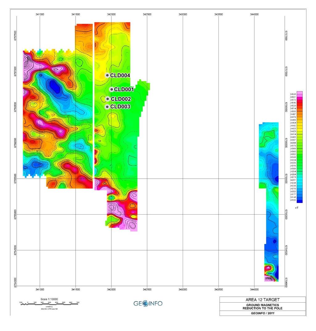 Figure 14: Colorada Complex RTP Ground Magnetics No significant results were achieved from sampling of the completed trenches at Pingo, although elevated Zn, Pb, and Mn, and minor elevations in Cu,