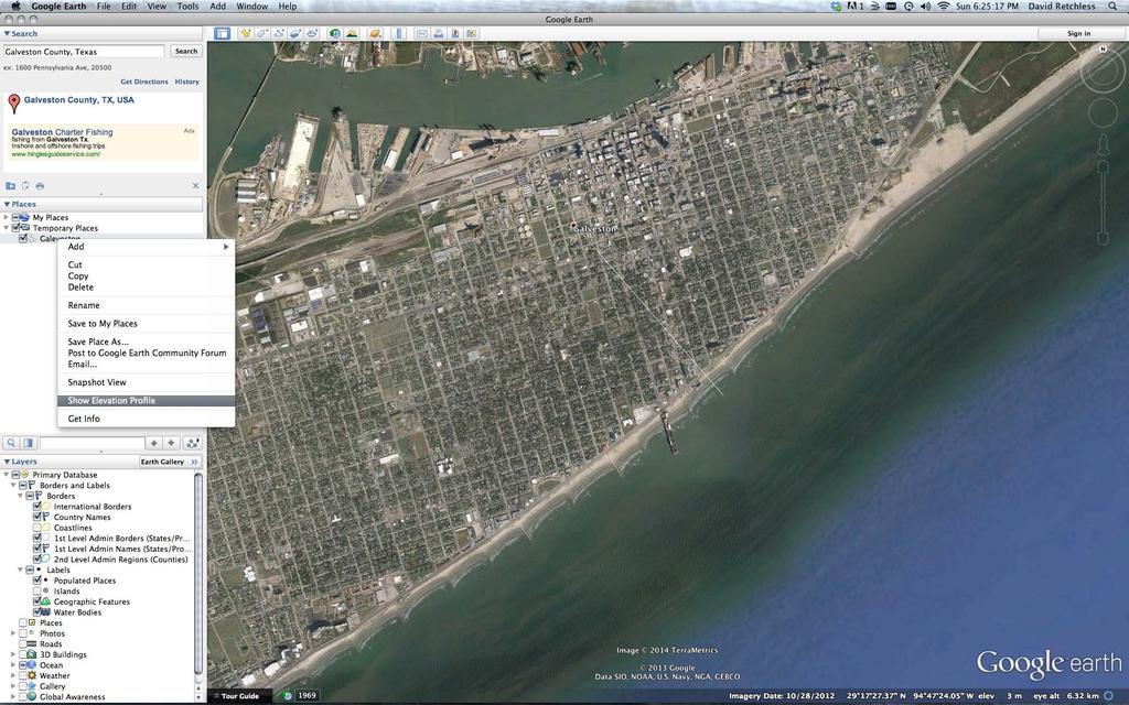 In the places window on the right-hand side of your screen, find the item named Galveston that you just