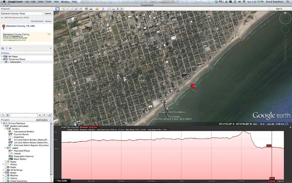 The graph at the bottom of the screen shows the elevation at every point along the line from your starting point (Galveston city center, on the left) and your ending point (the ocean, on the right).
