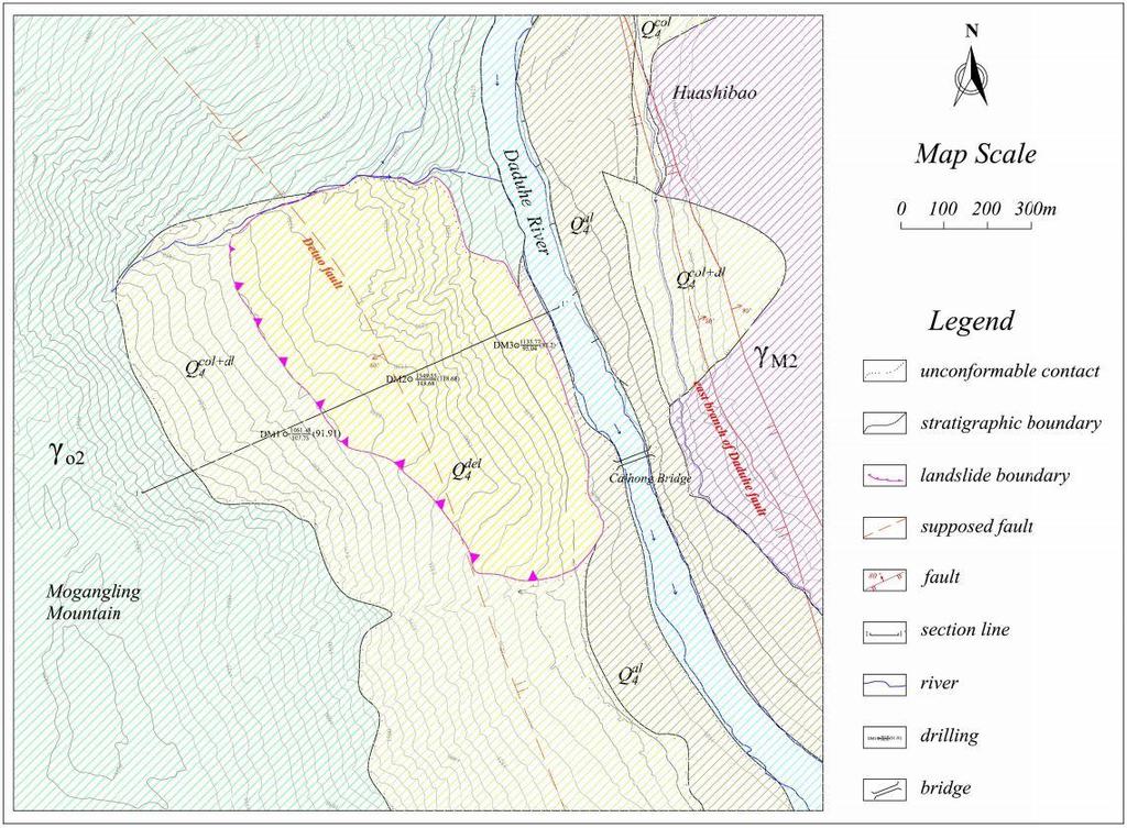 Figure 2.7 shows the geological map of the landslide area. It is noticed that the Detuo fault passes underneath the Mogangling Landslide.