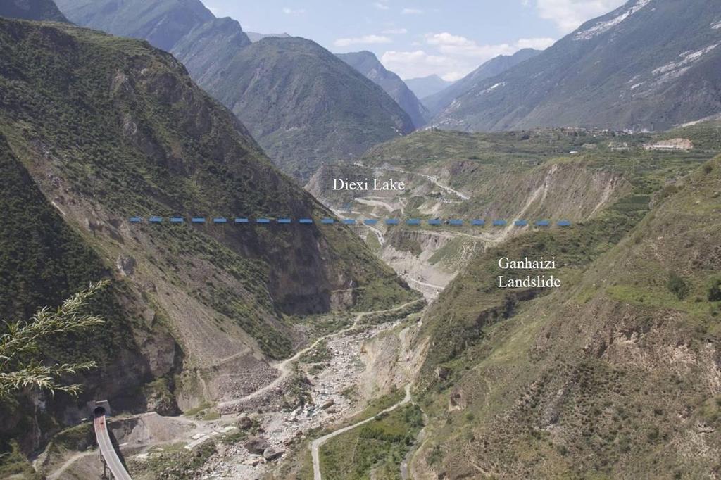 Figure 3.6. Photograph of the remnant dam of Diexi Lake, which was formed by the Ganhaizi landslide and the Diexi landslide (taken on 17/08/2013). 3.3.2 1933 earthquake-triggered landslides in the Diexi area 3.